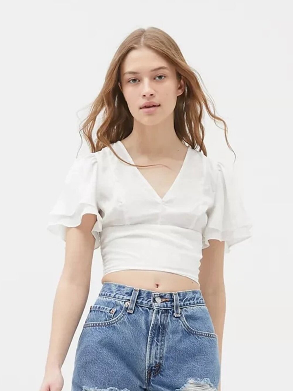 Urban Outfitters | White Jacquard Flutter Sleeve V-Neck Crop Top